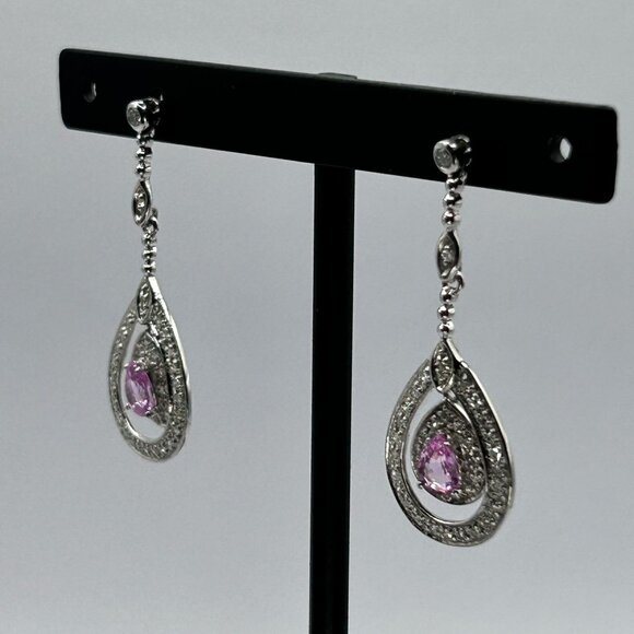 14k White Gold with .25ctw Pear Cut Pink Sapphire & Pave Diamond Dangle Earrings - Picture 6 of 7